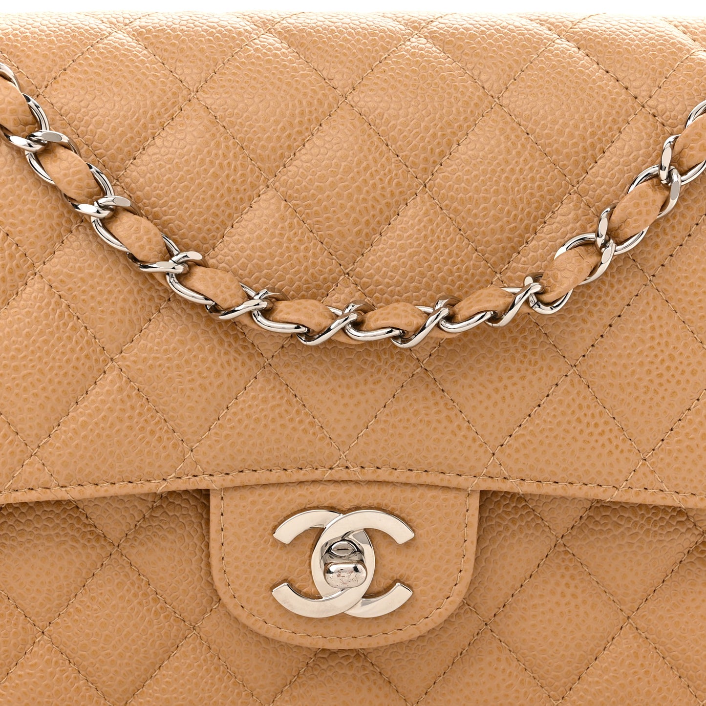 Caviar Quilted Medium Double Flap Beige