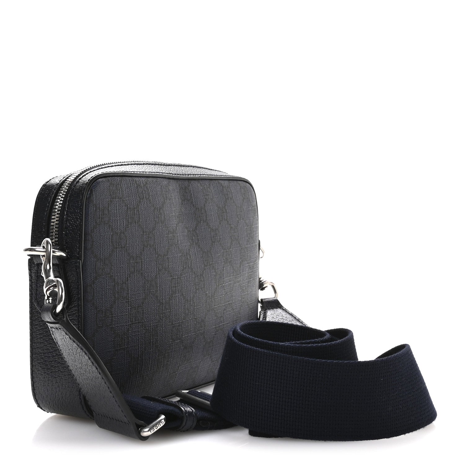 Gucci GG Supreme Monogram Textured Dollar Calfskin Web Ophidia Wristlet Shoulder Bag Black Blue 3 of 10
