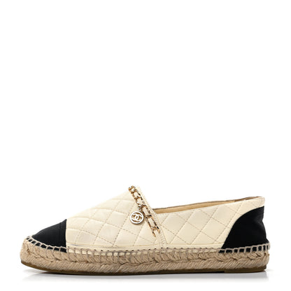 Chanel Lambskin Grosgrain Quilted CC Chain Espadrilles 38 Beige Black 1 of 9