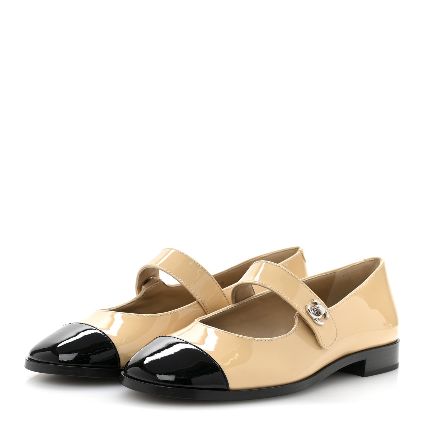 Patent Calfskin Mary Janes Flats 37 Beige Black