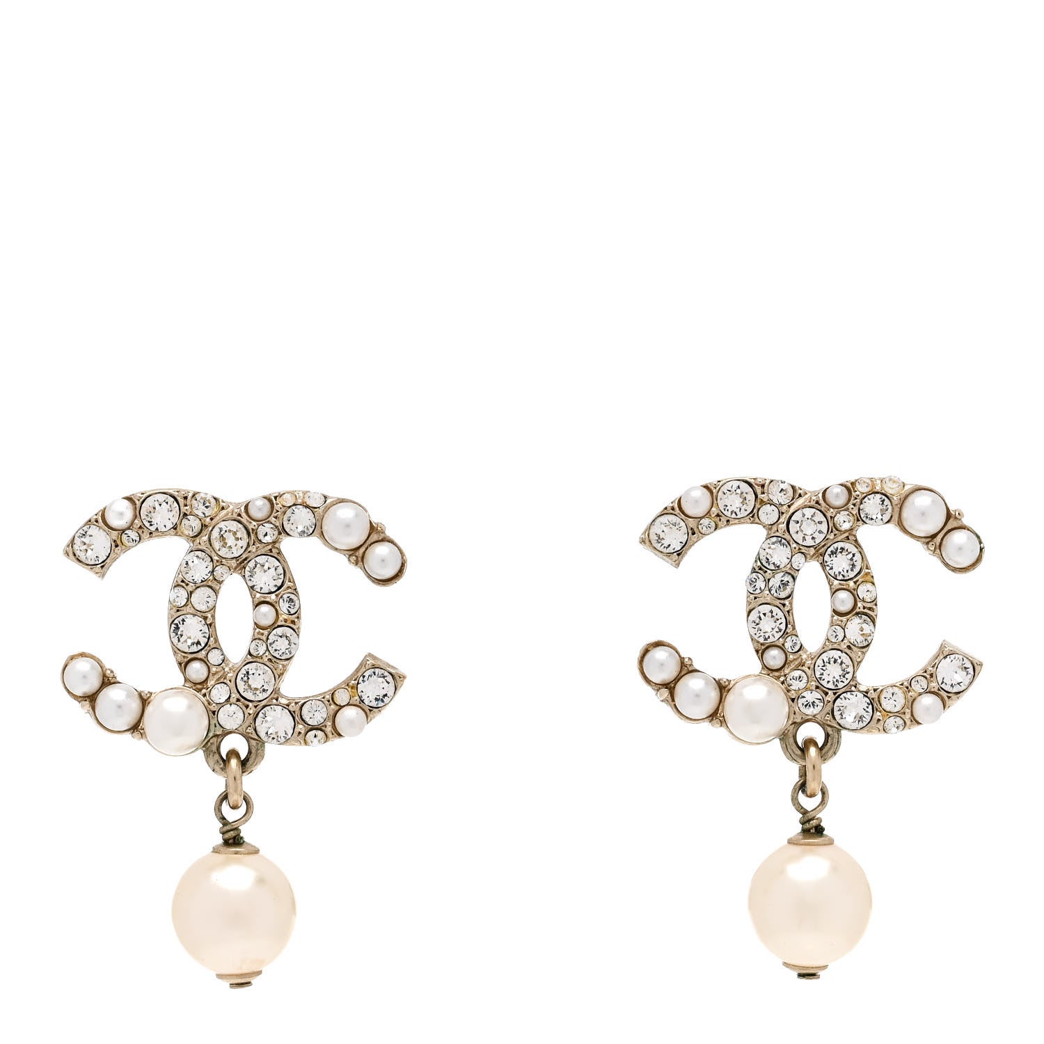 Chanel Crystal Pearl CC Drop Earrings Gold Pearly White 1 of 5