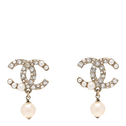 Chanel Crystal Pearl CC Drop Earrings Gold Pearly White 1 of 5