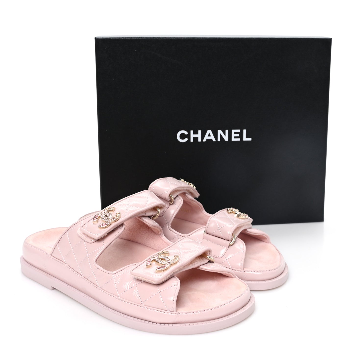 Shiny Calfskin Quilted Velcro Dad Crystal CC Slide Sandals 39 Light Pink