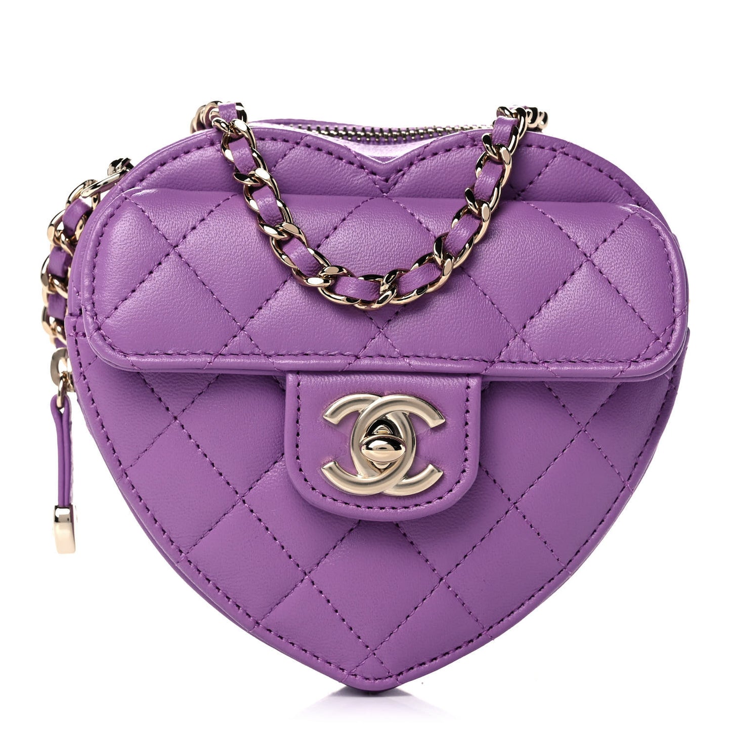 Lambskin Quilted CC In Love Heart Clutch With Chain Purple
