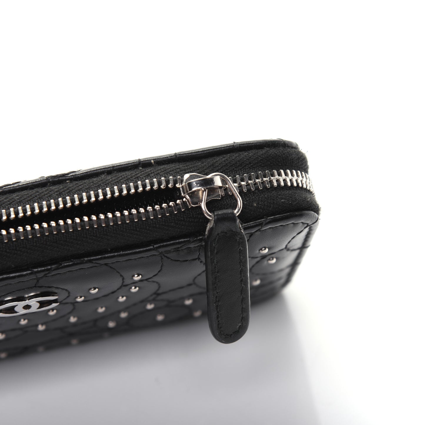 Lambskin Camellia Studded Large Gusset Zip Around Wallet Black