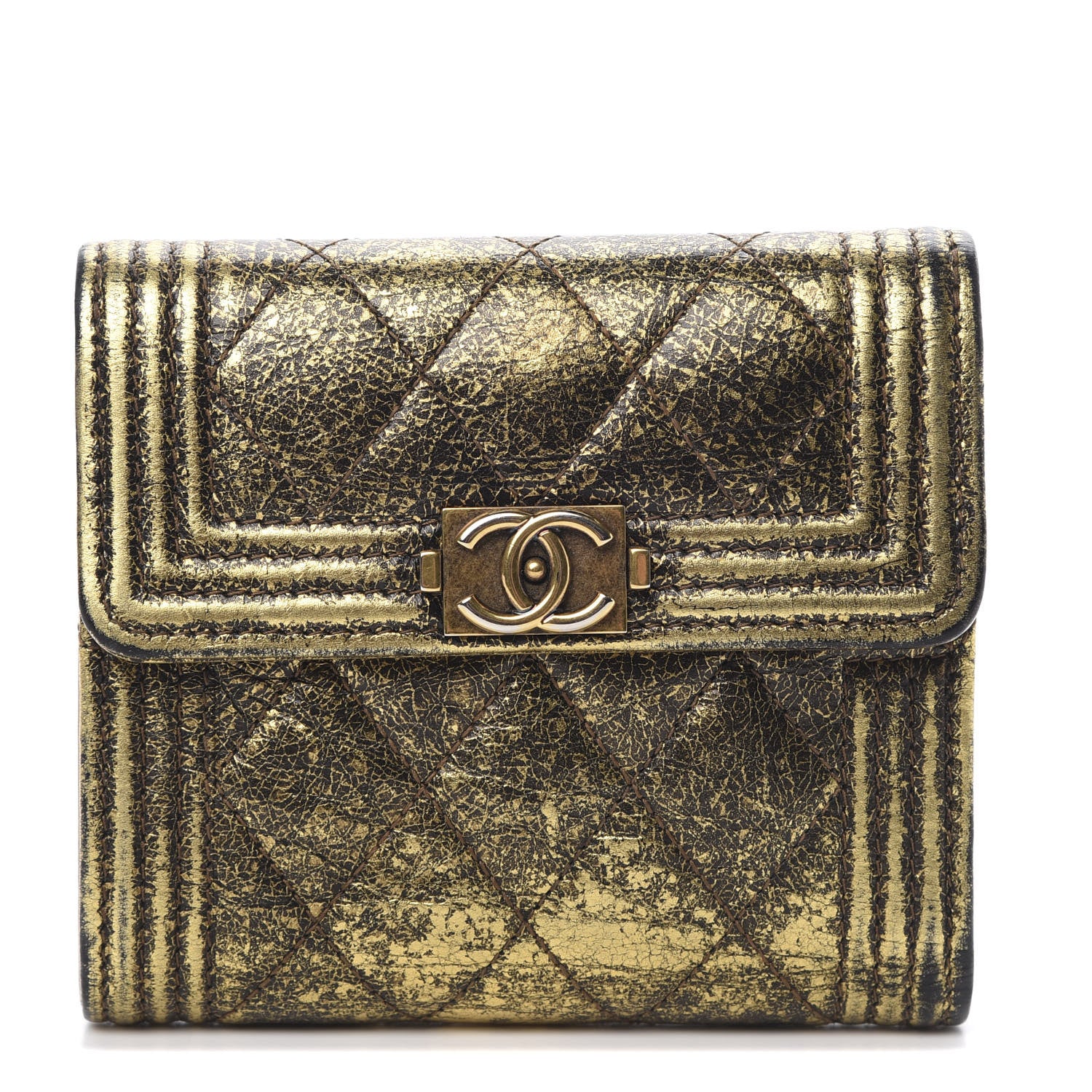 Chanel Cracked Metallic Calfskin Quilted Compact Boy Wallet Gold 1 of 13