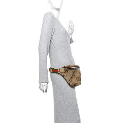 Gucci Monogram Jumbo GG Textured Dollar Calfskin Web Belt Bag Camel Ebony New Acero 2 of 15