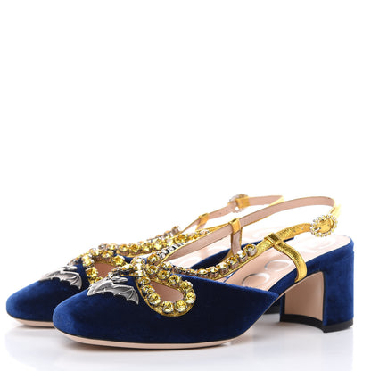 Gucci Velvet Crystal Bat Pumps 37 Blue 3 of 8