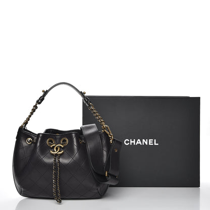 Chanel Calfskin Stitched Small Paris Rome Drawstring CC Bag Black 9 of 9