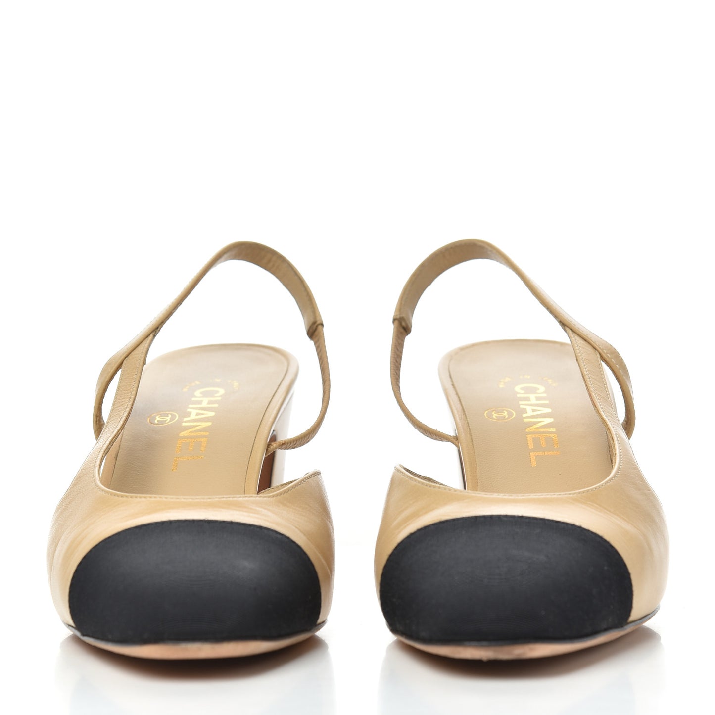 Lambskin Grosgrain Cap Toe CC Slingback Pumps 39 Beige Black