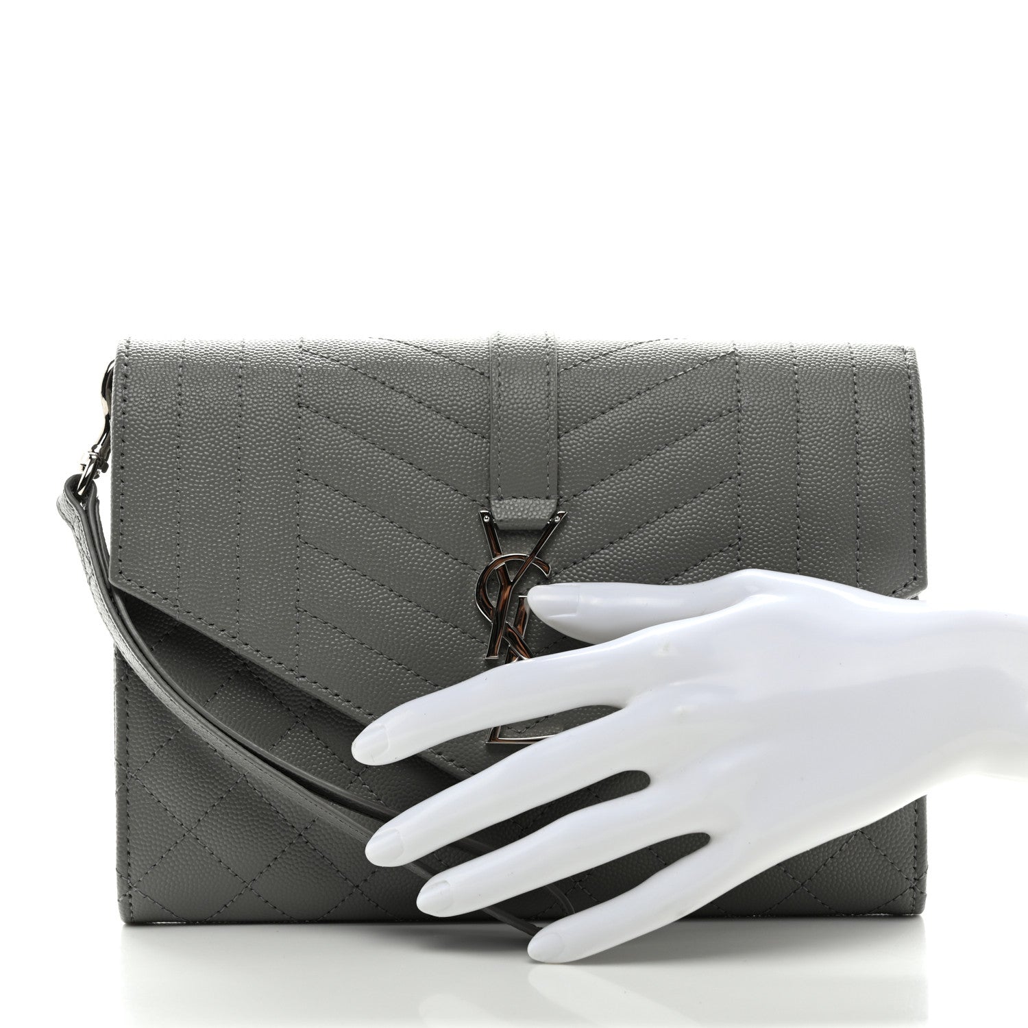 Saint Laurent Grain De Poudre Textured Mixed Matelasse Triquilt Monogram Clutch Storm 2 of 8