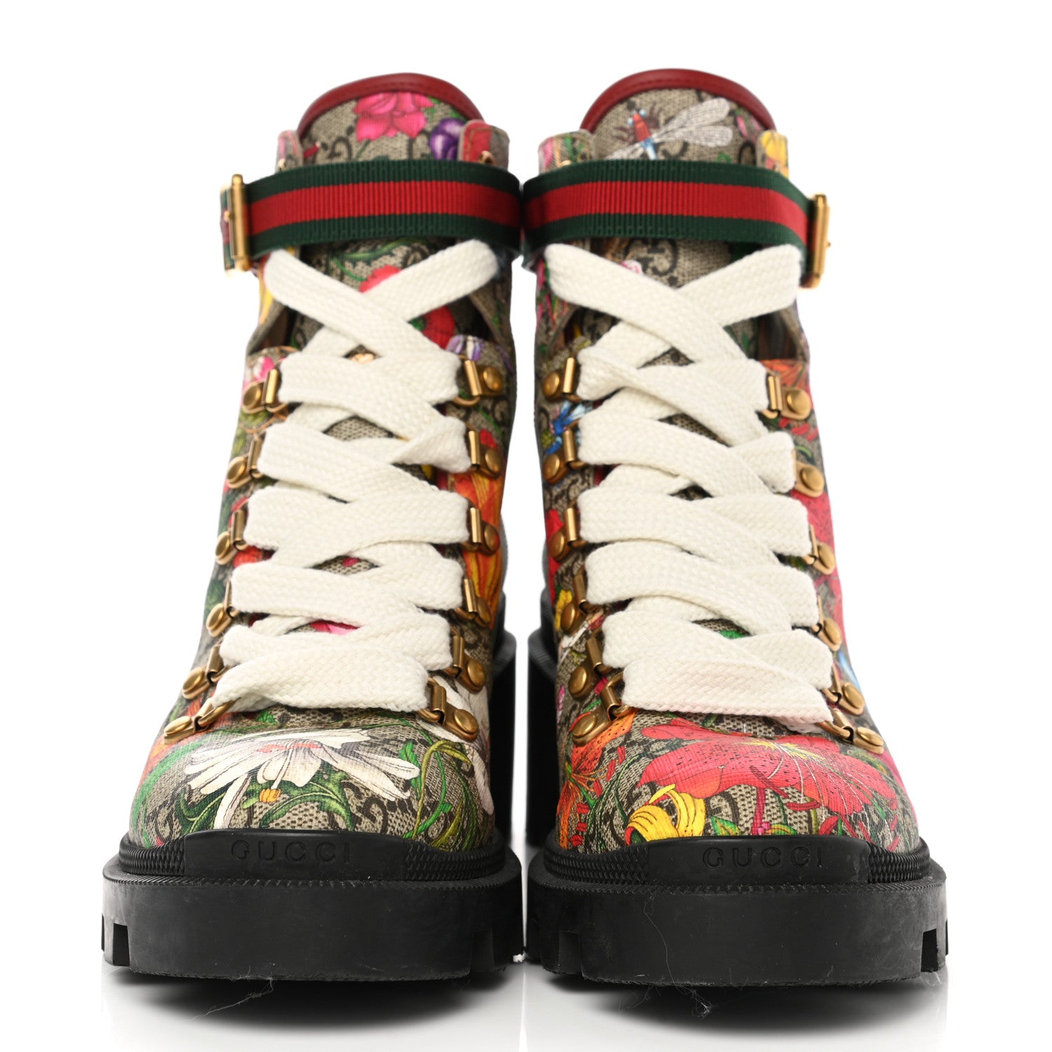Gucci GG Supreme Monogram Flora Lace Up Combat Ankle Boots 37.5 Beige Multicolor Red 3 of 9