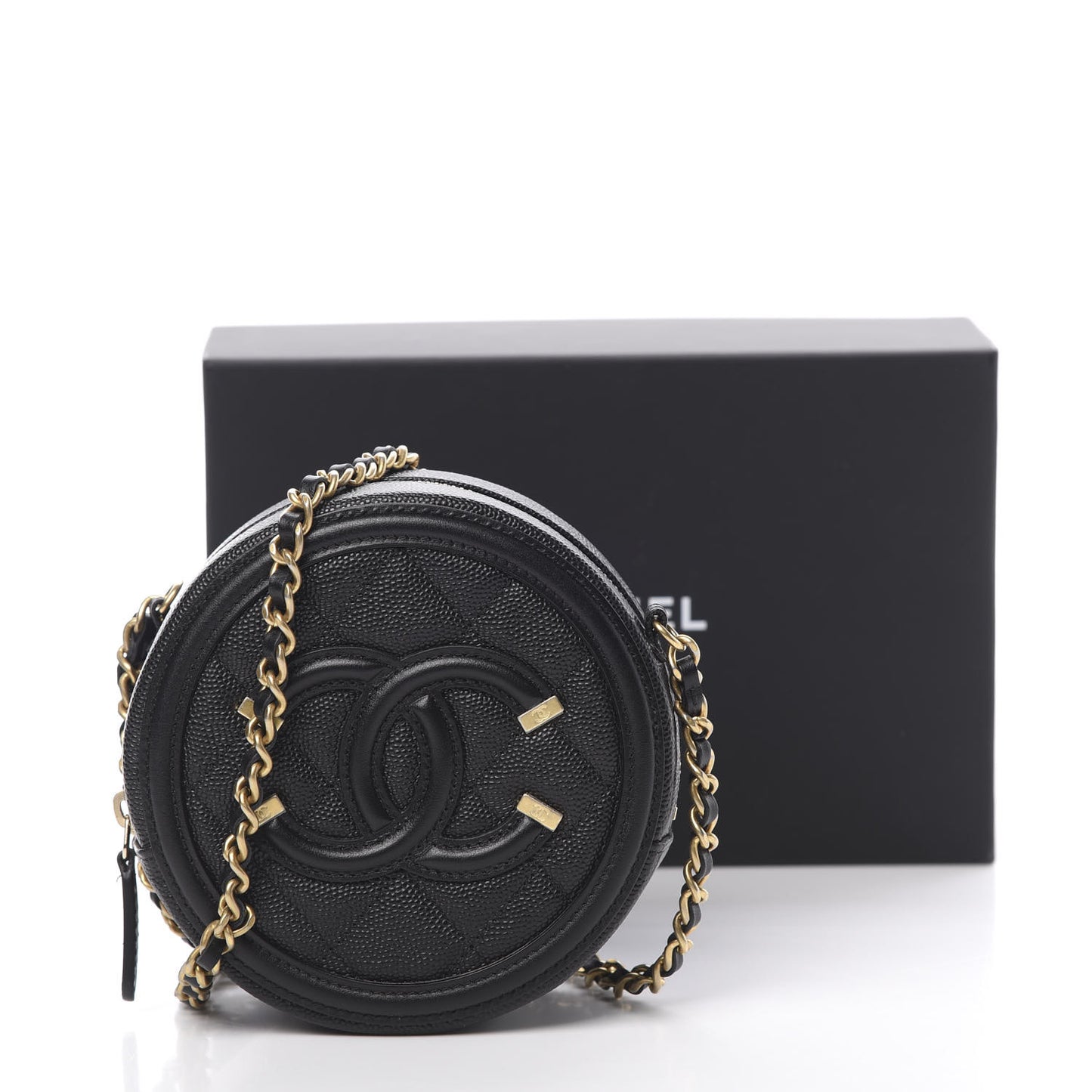 Caviar Quilted Round Filigree Crossbody Black