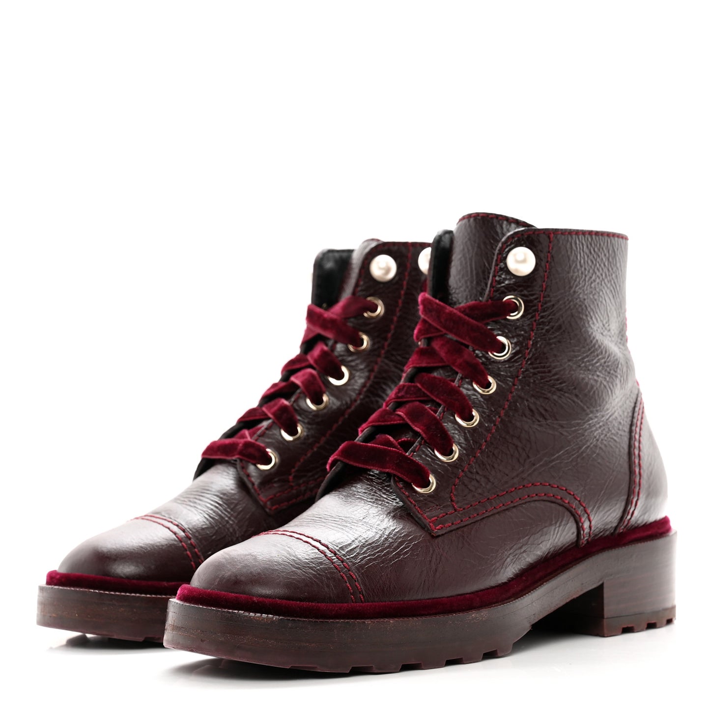 Shiny Calfskin Velvet Pearl Combat Short Boots 37.5 Burgundy