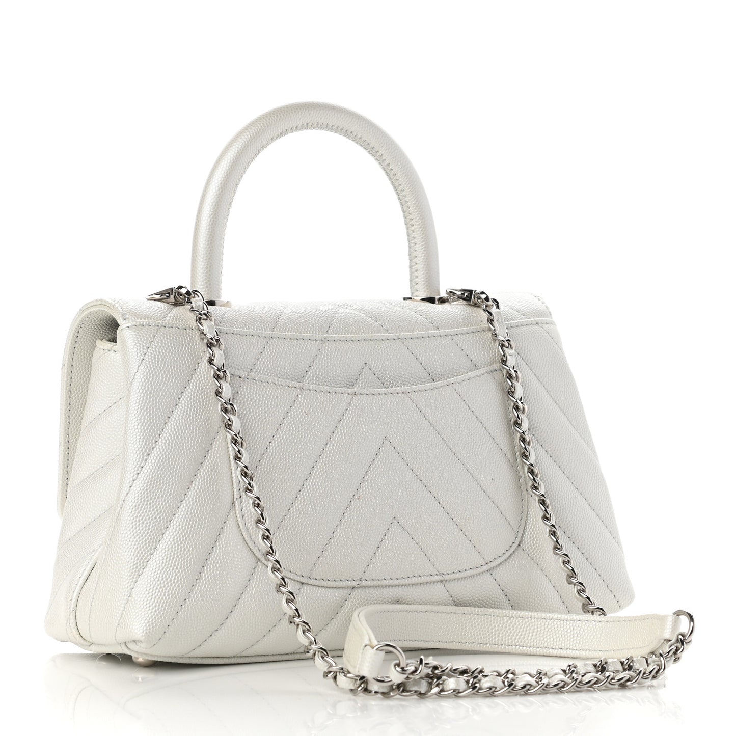 Iridescent Caviar Chevron Quilted Mini Coco Handle Flap White