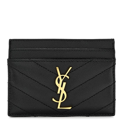 Saint Laurent Grain De Poudre Matelasse Chevron Monogram Credit Card Case Black 1 of 11