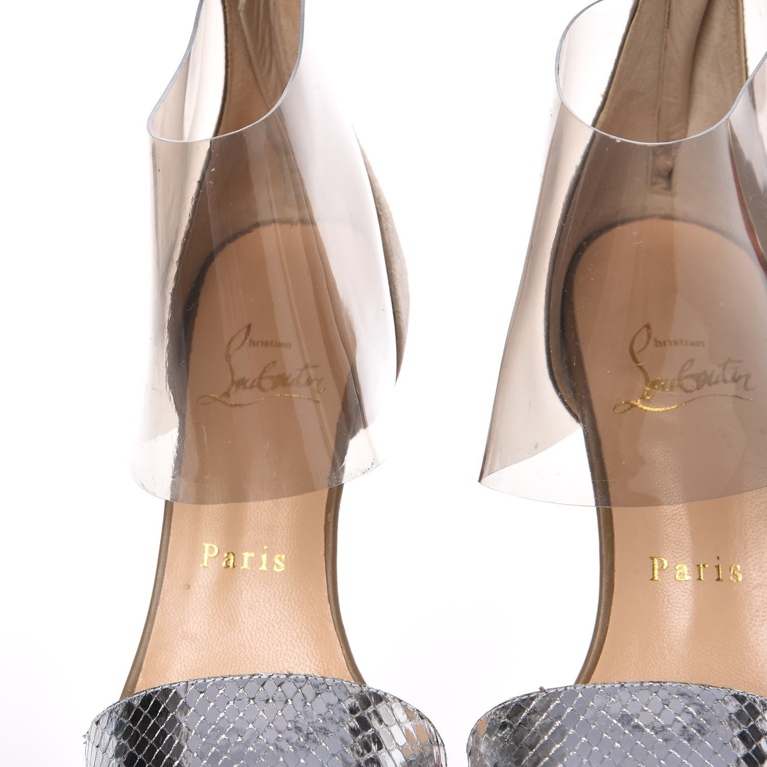 Christian Louboutin Metallic Snakeskin PVC Dufoura 140 Platform Sandals 35.5 Smoke 13 of 20