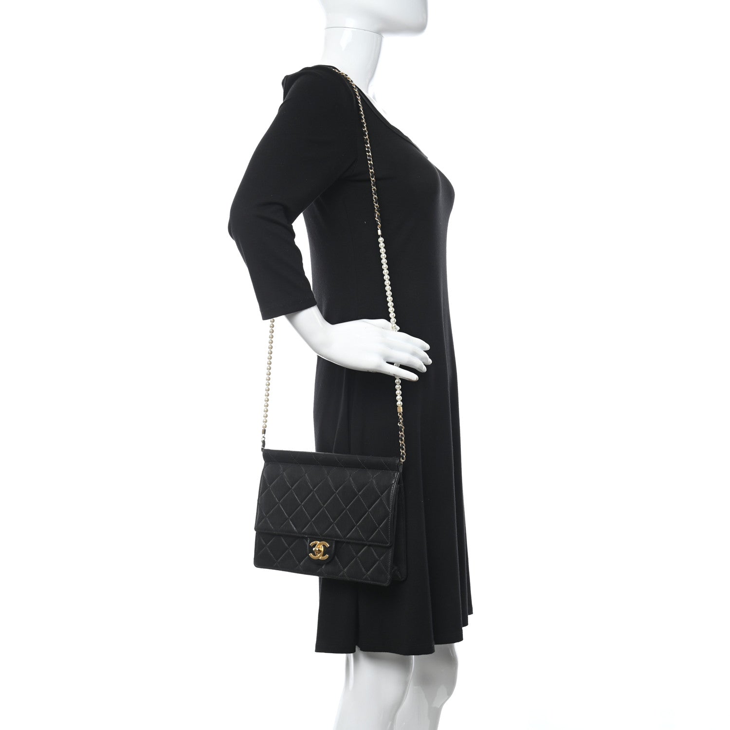 Chanel Lambskin Quilted Large Pearl Chain Flap Bag Black 2 of 10