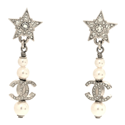 Chanel Crystal Pearl CC Star Drop Earrings Silver 1 of 6