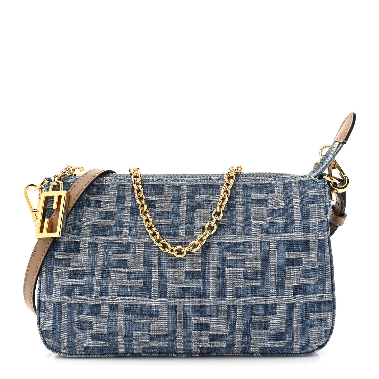 Fendi Denim Vitello King F is Fendi FF Embroidered Baguette Pouch Denim Sand 1 of 11