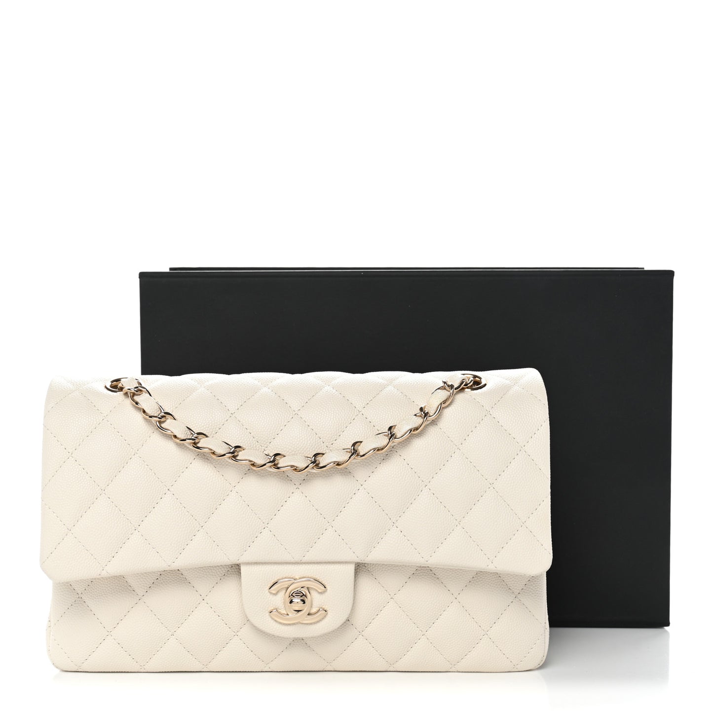 Caviar Quilted Medium Double Flap White