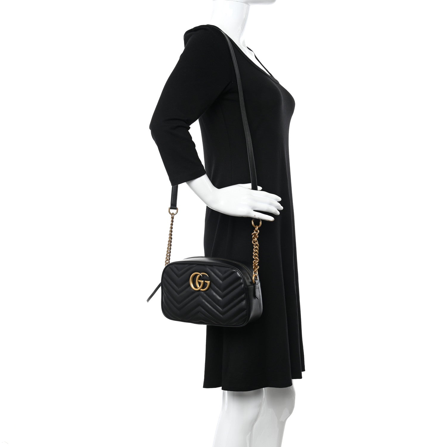 Gucci Calfskin Matelasse Small GG Marmont Chain Shoulder Bag Black 2 of 10