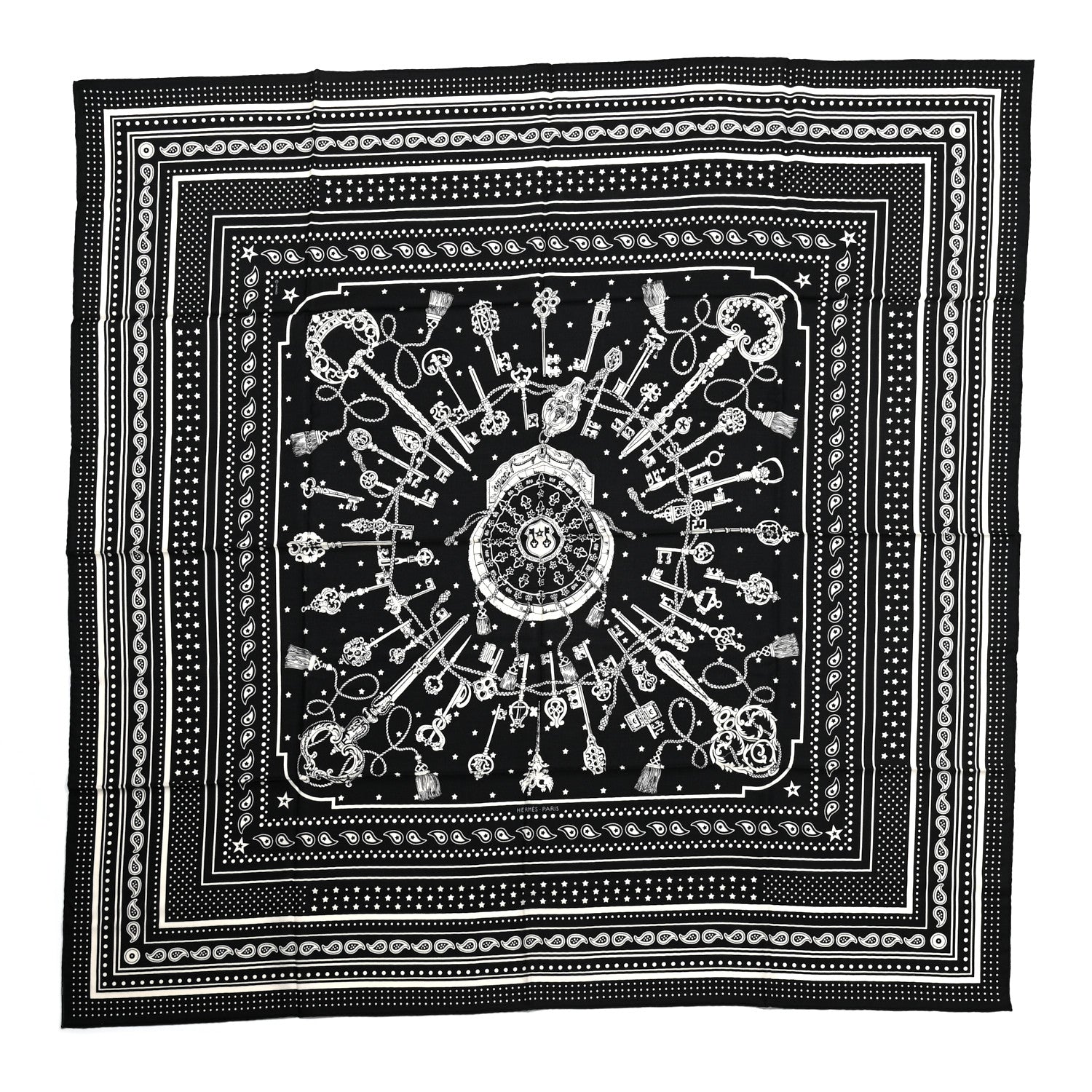 Hermes Cashmere Silk Les Cles Bandana Shawl 140 Black White 1 of 6