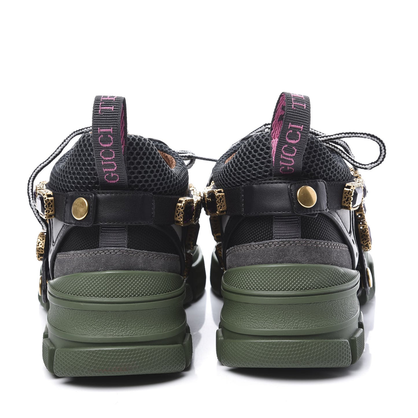X SEGA Mesh Suede Calfskin Removable Crystals Flashtrek Sneakers 36.5 Loess Black Olive Green