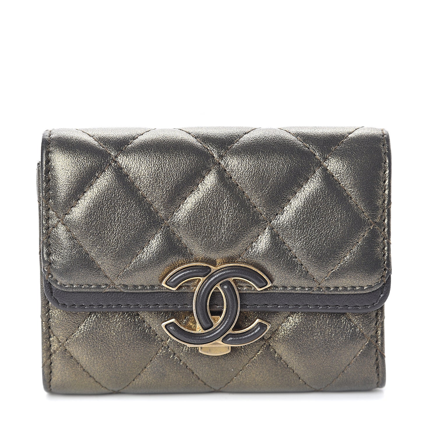 Metallic Calfskin Quilted CC Chic Flap Card Holder Dark Gold Grey