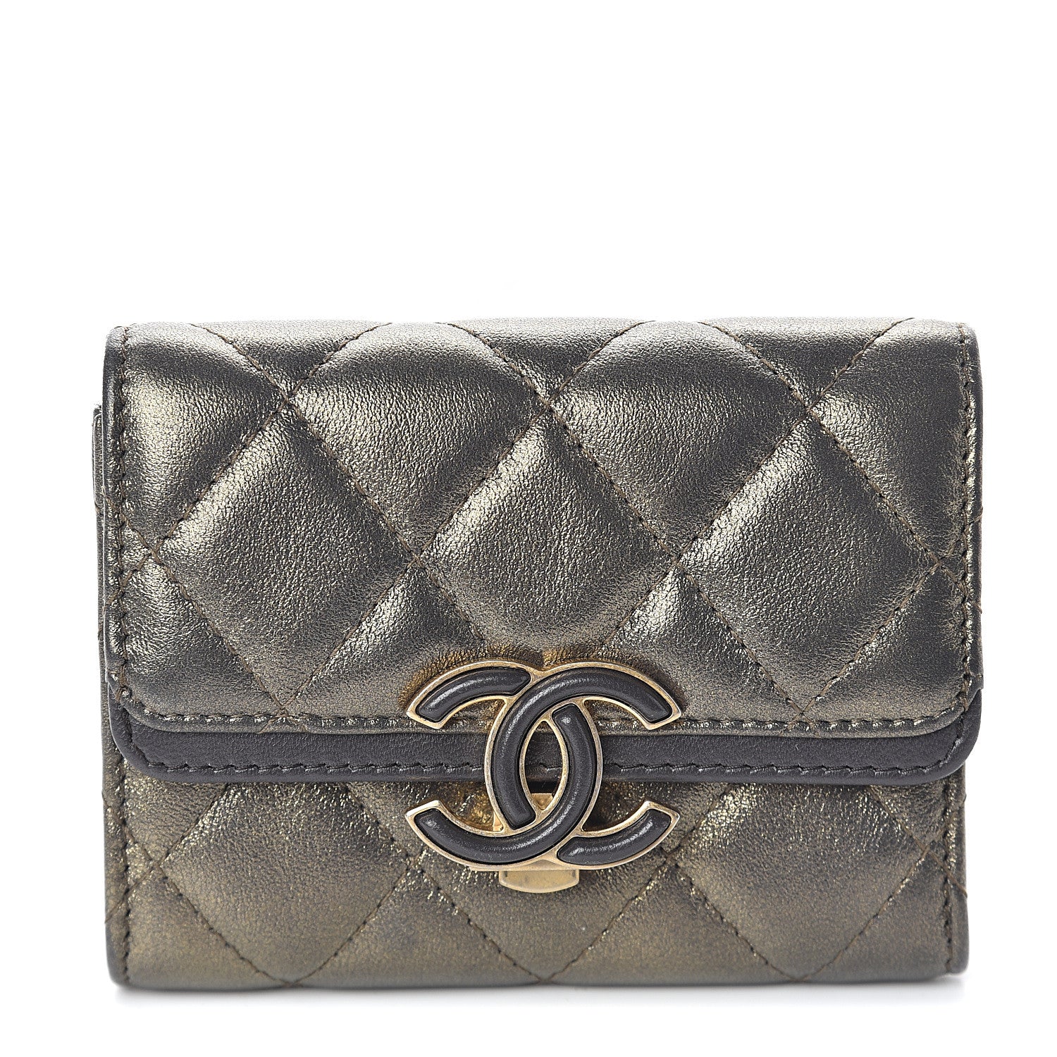 Chanel Metallic Calfskin Quilted CC Chic Flap Card Holder Dark Gold Grey 1 of 7