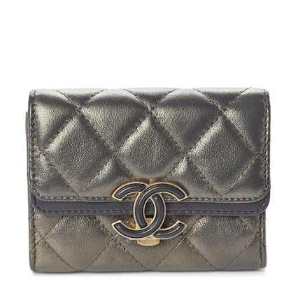 Chanel Metallic Calfskin Quilted CC Chic Flap Card Holder Dark Gold Grey 1 of 7