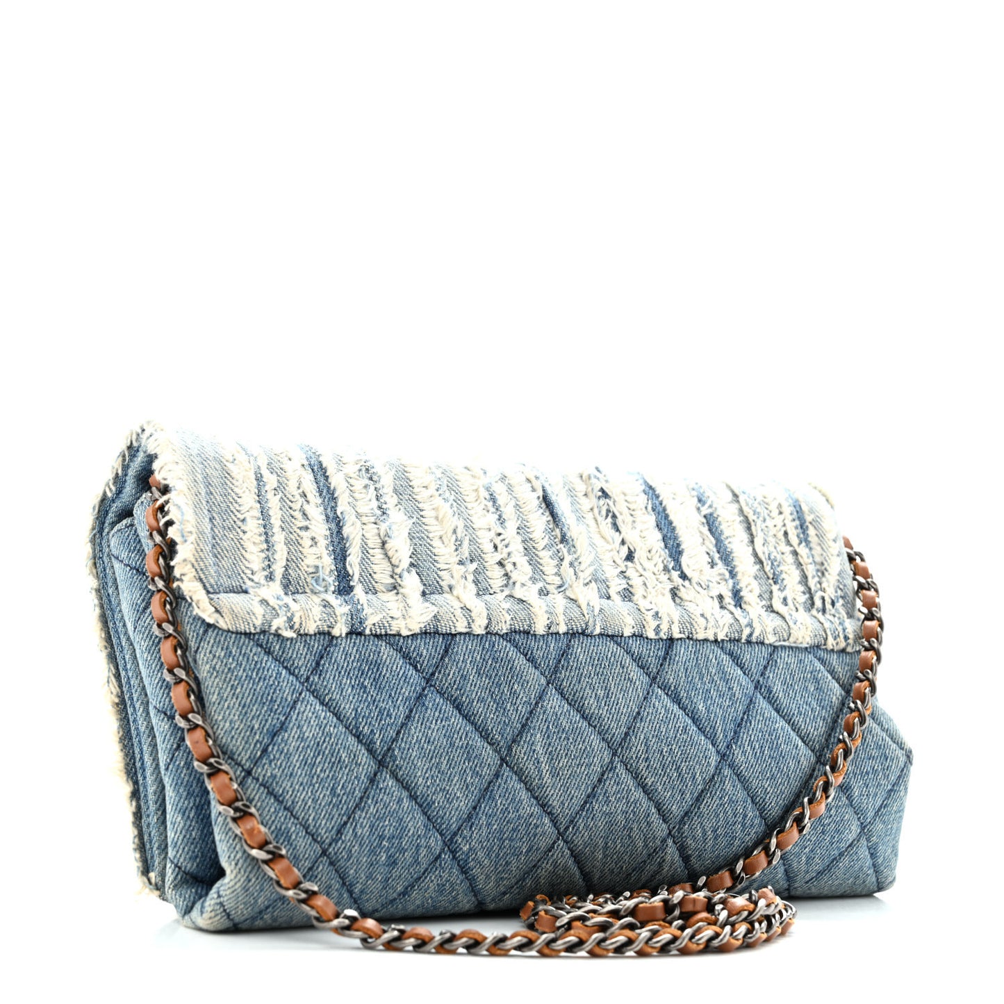 Denim Fringe Medium Single Flap Bag Blue
