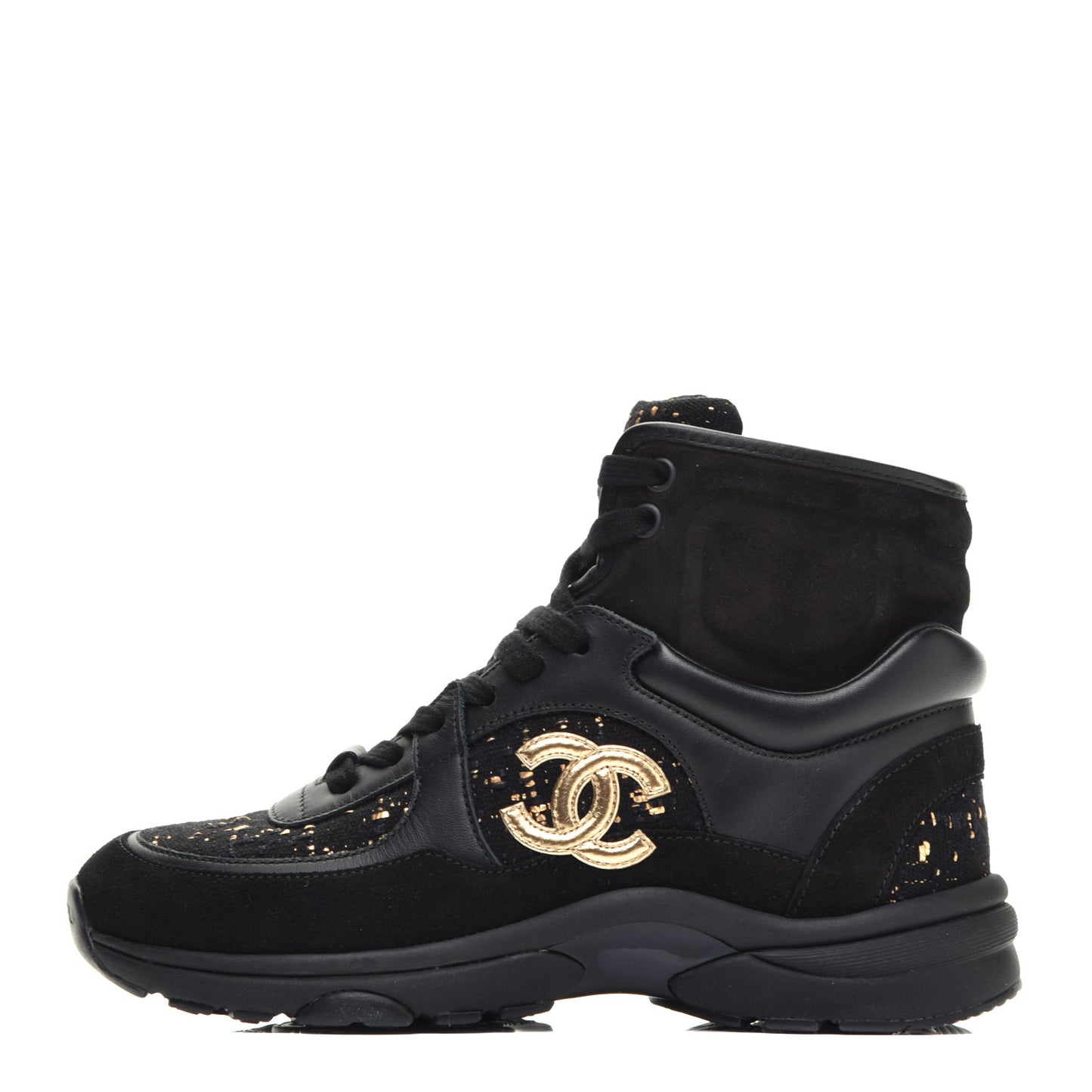 Velour Tweed CC High Top Sneakers 36 Black Gold