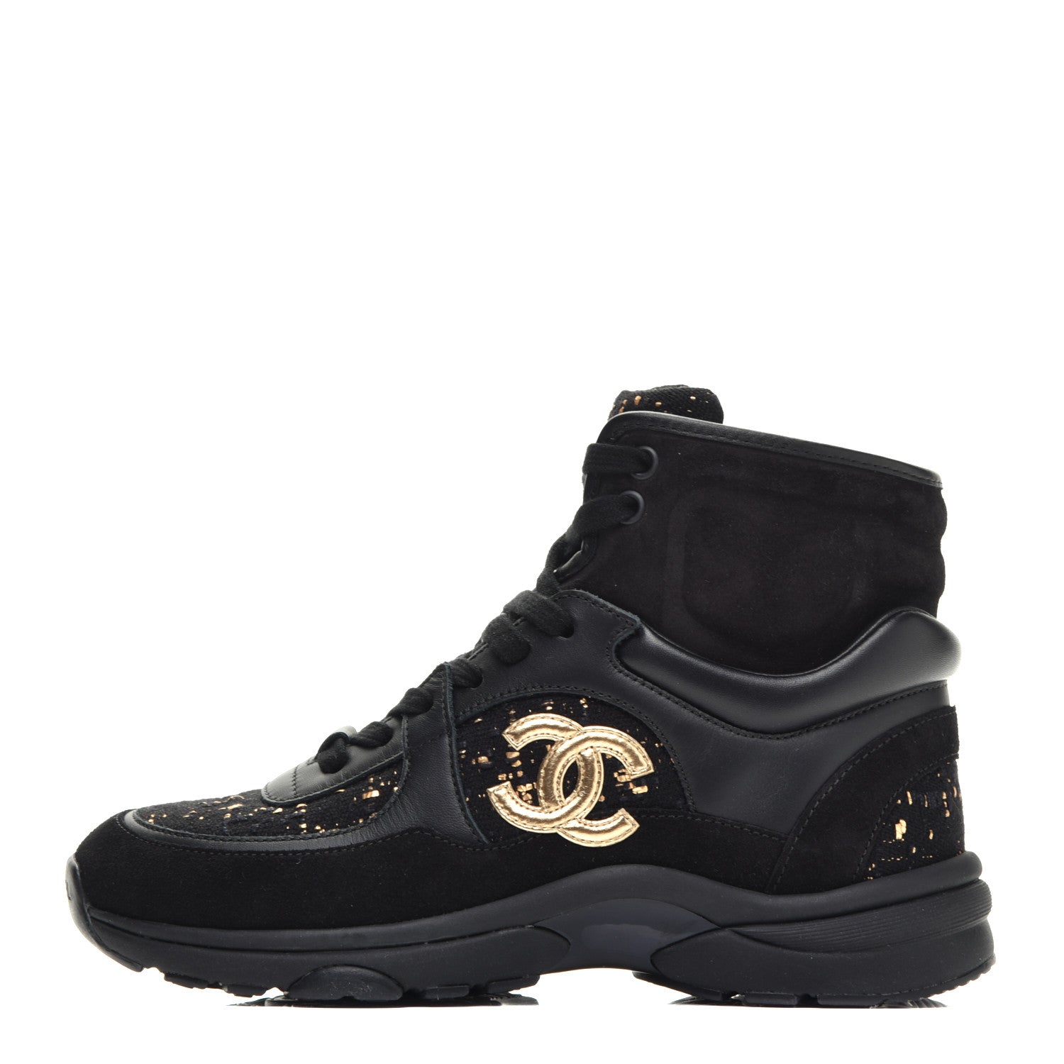 Chanel Velour Tweed CC High Top Sneakers 36 Black Gold 1 of 9