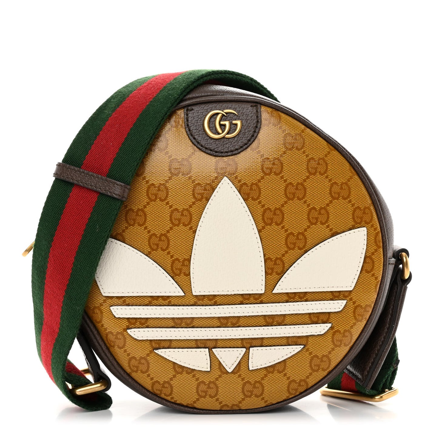 X ADIDAS Crystal Vintage Monogram Textured Dollar Calfskin Web Trefoil Small Ophidia Round Shoulder Bag Mid Natural Nut Off White New Acero