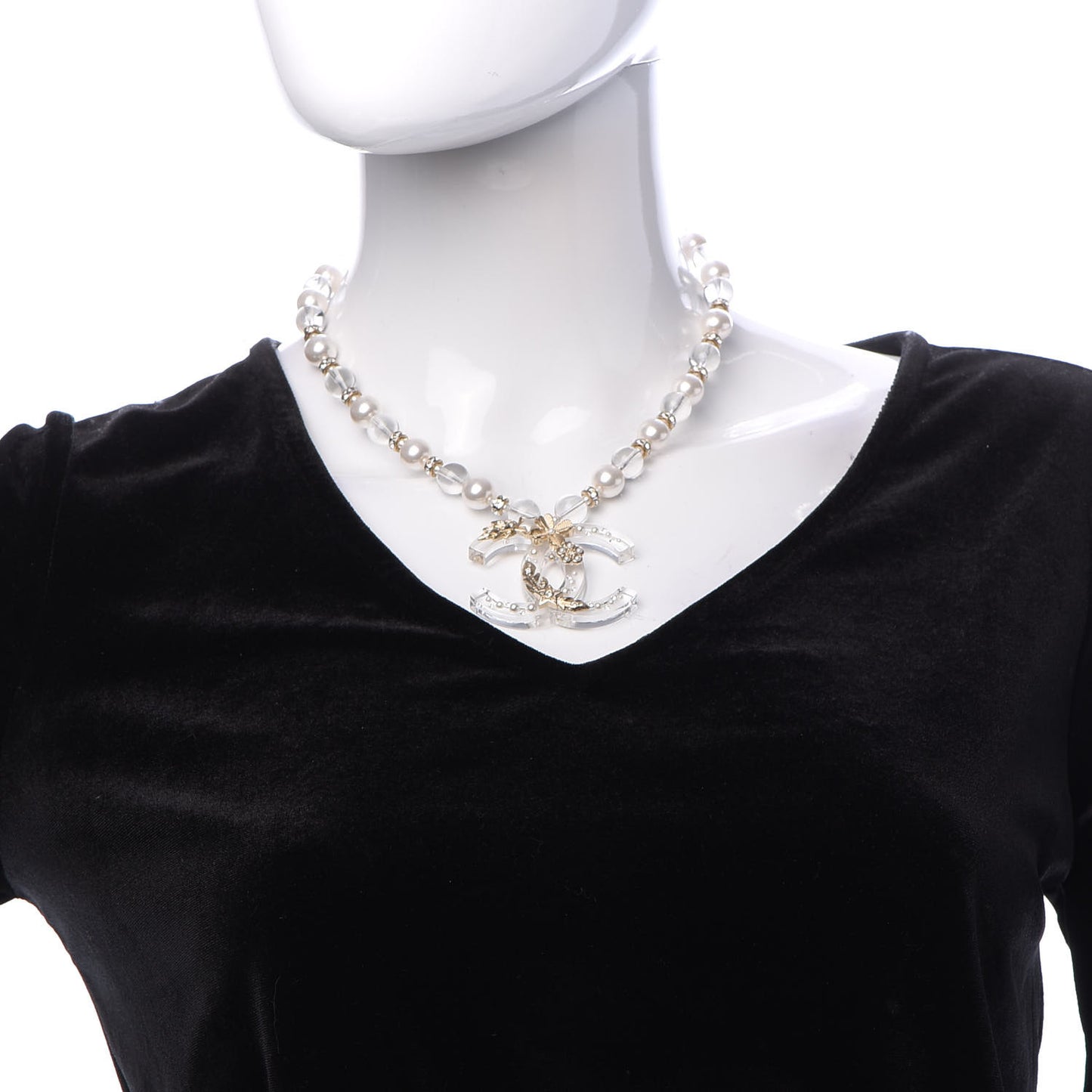 Resin Pearl Crystal CC Necklace Pearly White Transparent Gold