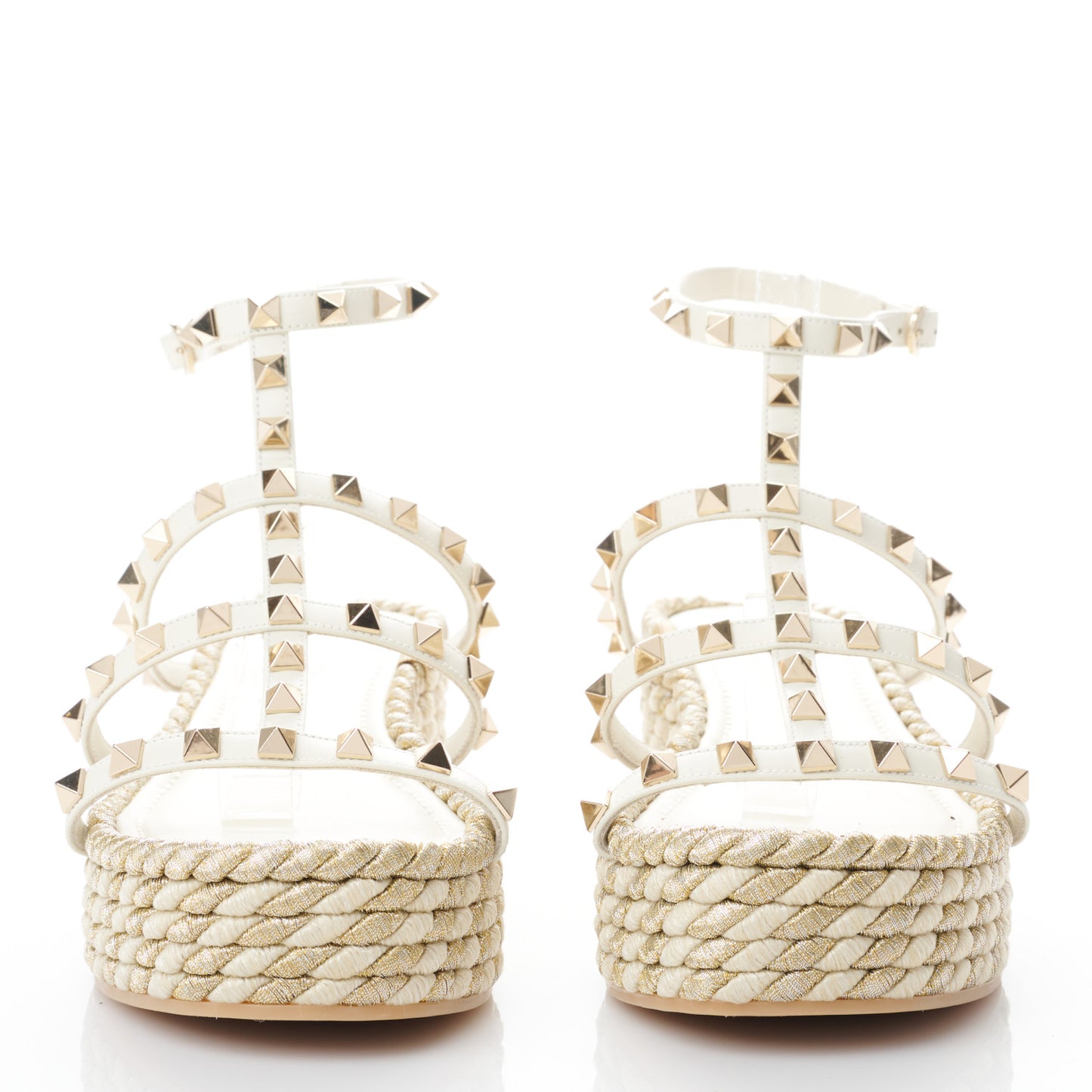 Calfskin Rockstud Ankle Strap Torchon Espadrille Caged 30/55mm Sandals 39 Light Ivory