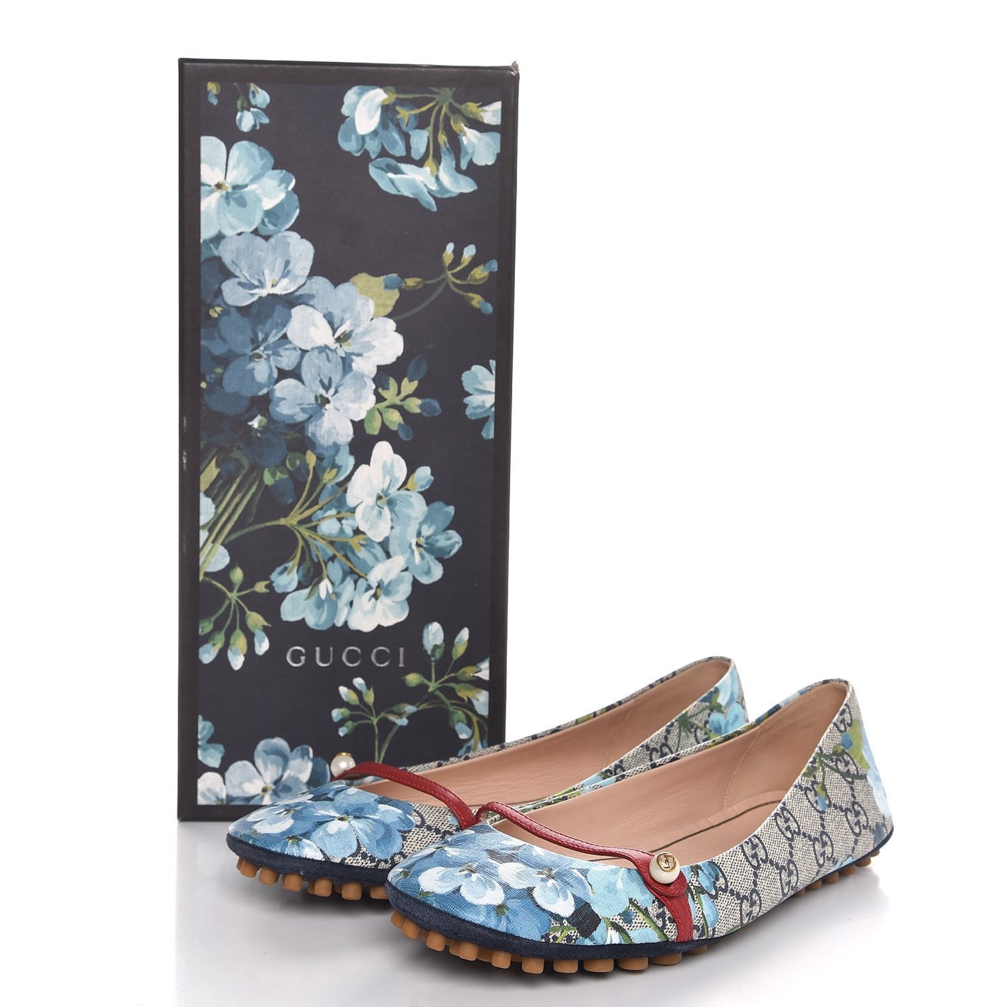 GG Supreme Monogram Blooms Ballet Flats 38.5 Beige Blue Navy Hibiscus Red