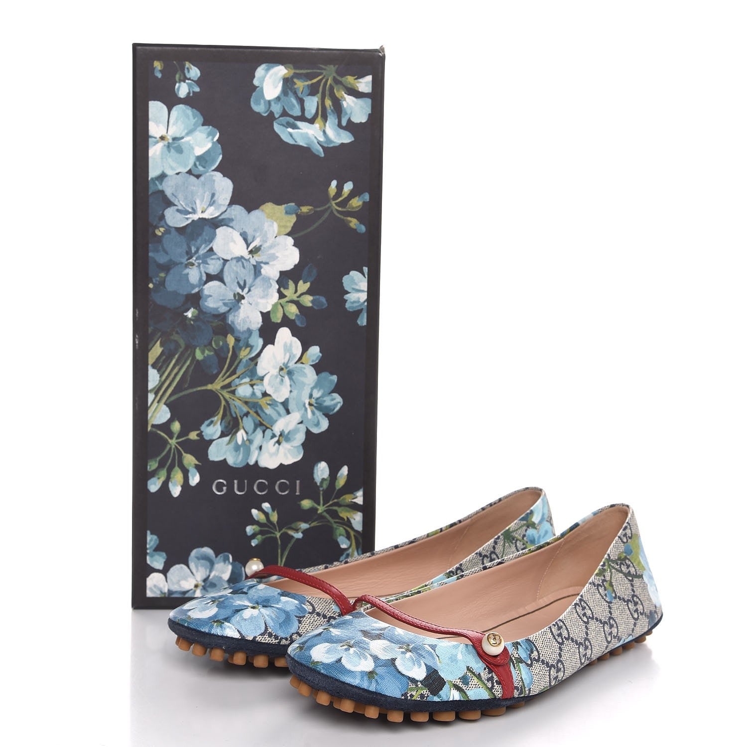 Gucci GG Supreme Monogram Blooms Ballet Flats 38.5 Beige Blue Navy Hibiscus Red 8 of 8