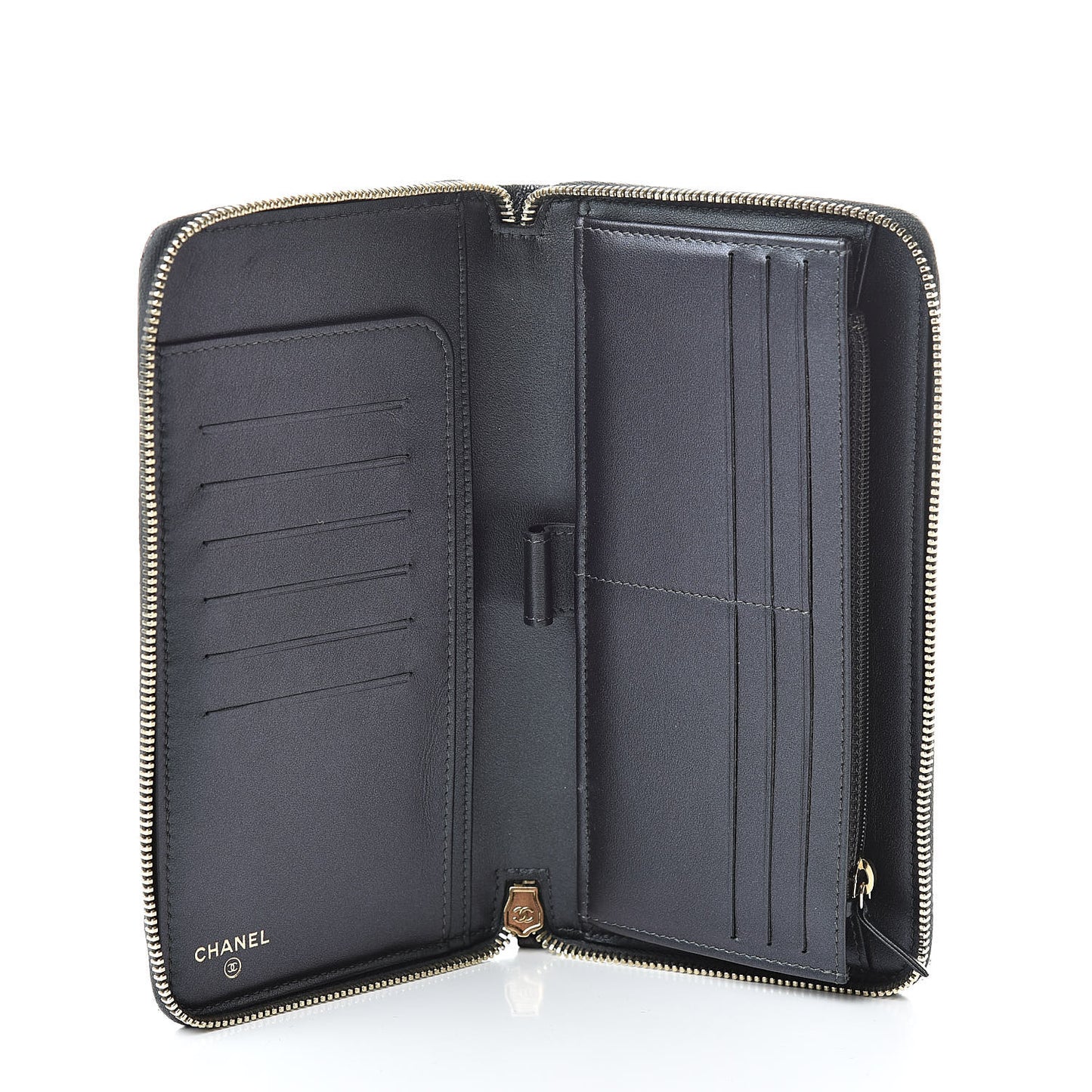 Iridescent Caviar Quilted Large Zip Around Organizer Wallet Black