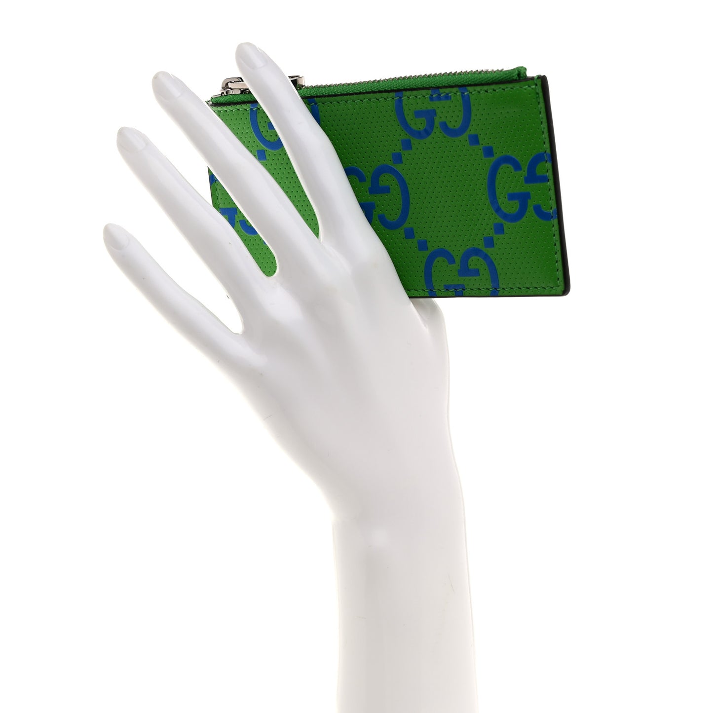 Calfskin GG Tennis Bi-Color Embossed Zip Wallet Joy Green Joy Blue