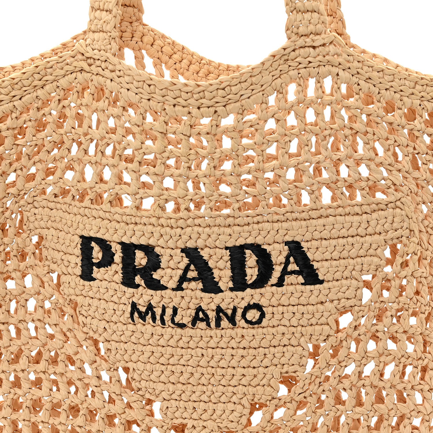 Prada Yarn Raffia Effect Crochet Logo Embroidered Tote Bag Naturale 8 of 10