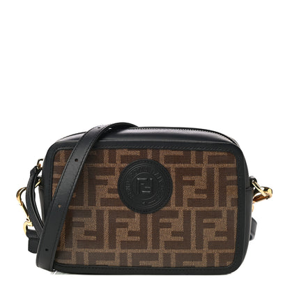 Fendi Glazed Fabric Vitello Century FF 1974 Stamp Patch Mini Camera Case Mogano Panna Black 1 of 11