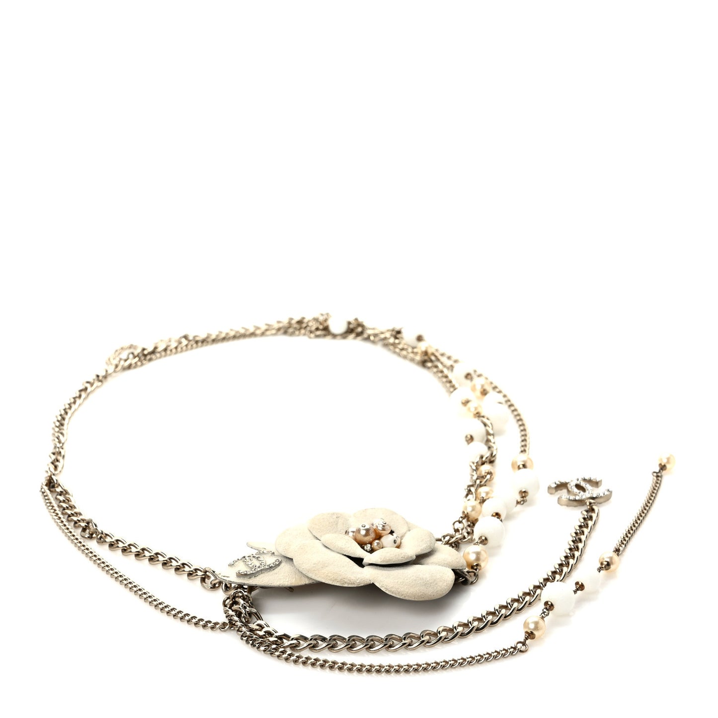 Pearl Crystal Beaded Camellia Chain Belt Gold White