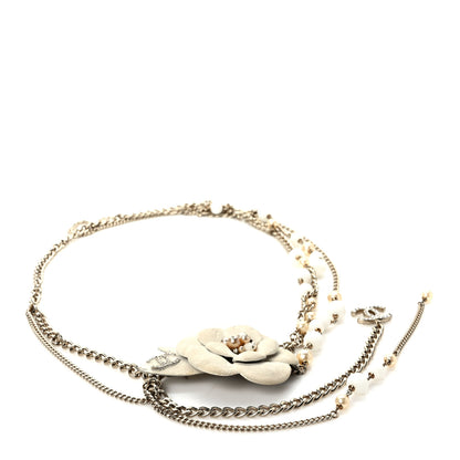 Chanel Pearl Crystal Beaded Camellia Chain Belt Gold White 1 of 5