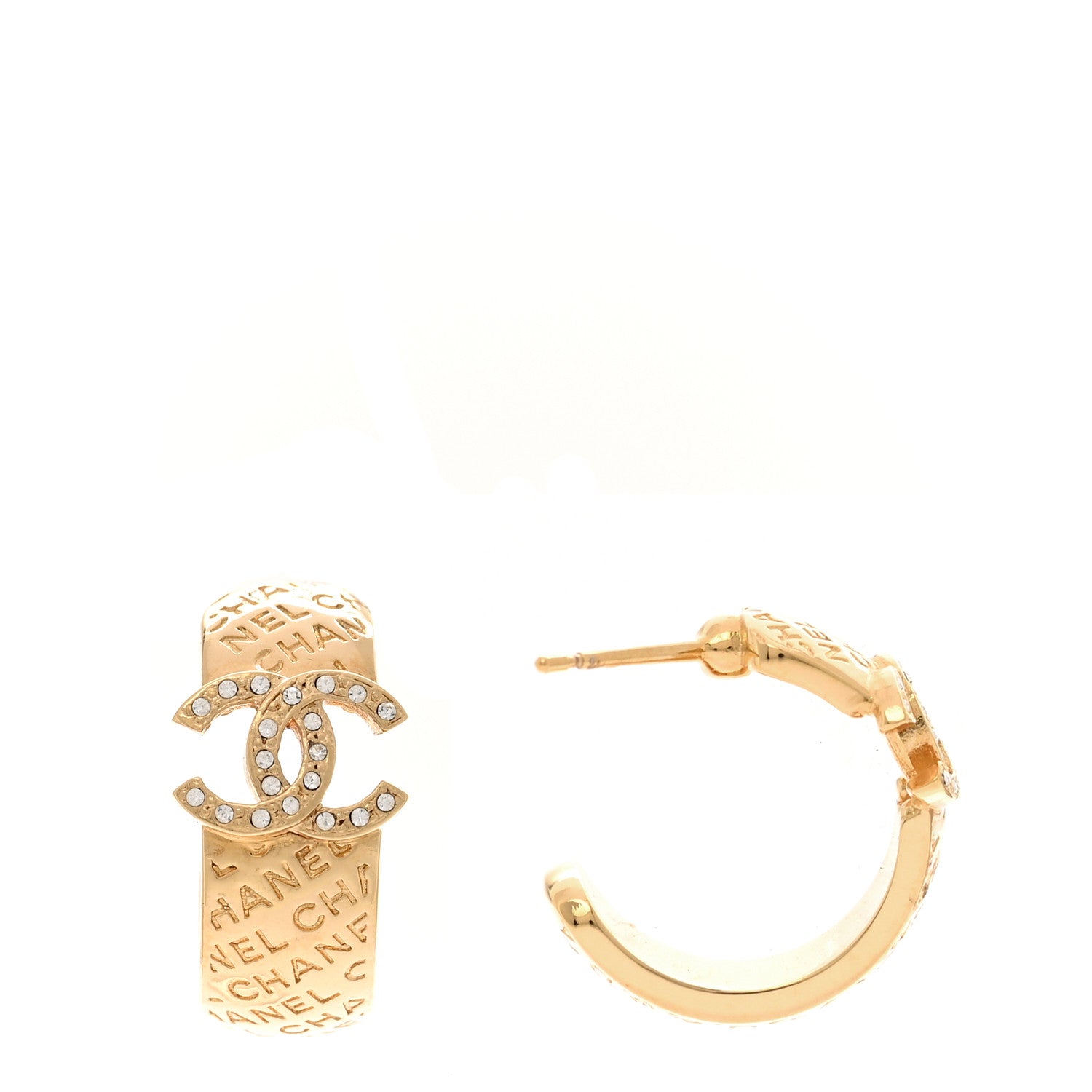 Chanel Metal Crystal CC Logo Hoop Earrings Gold 1 of 5