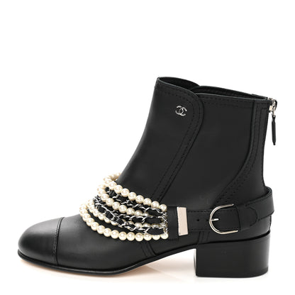 Chanel Calfskin Pearl Cap Toe Short Boots 37 Black 1 of 10