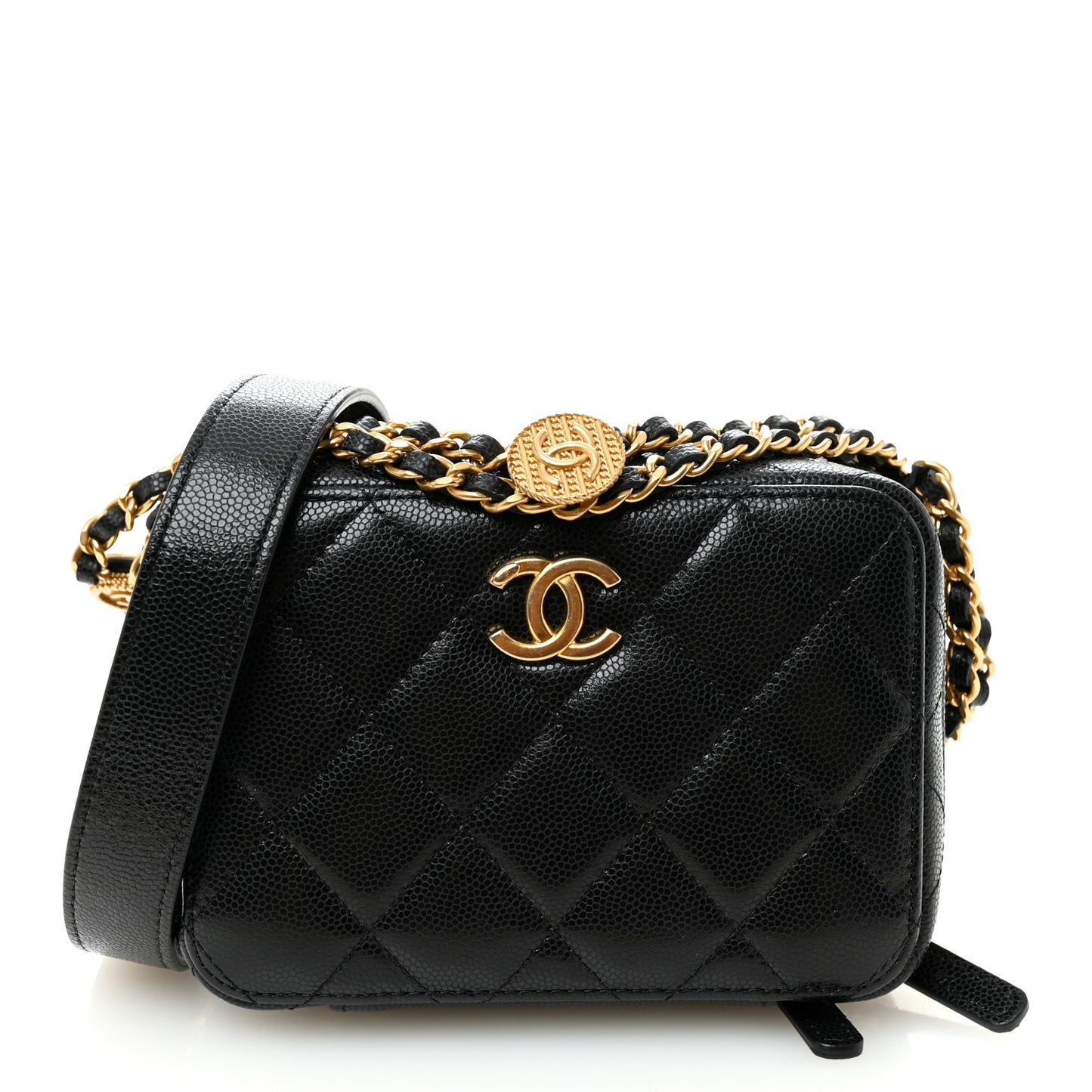 Caviar Quilted Twist Your Buttons Clutch With Chain Black