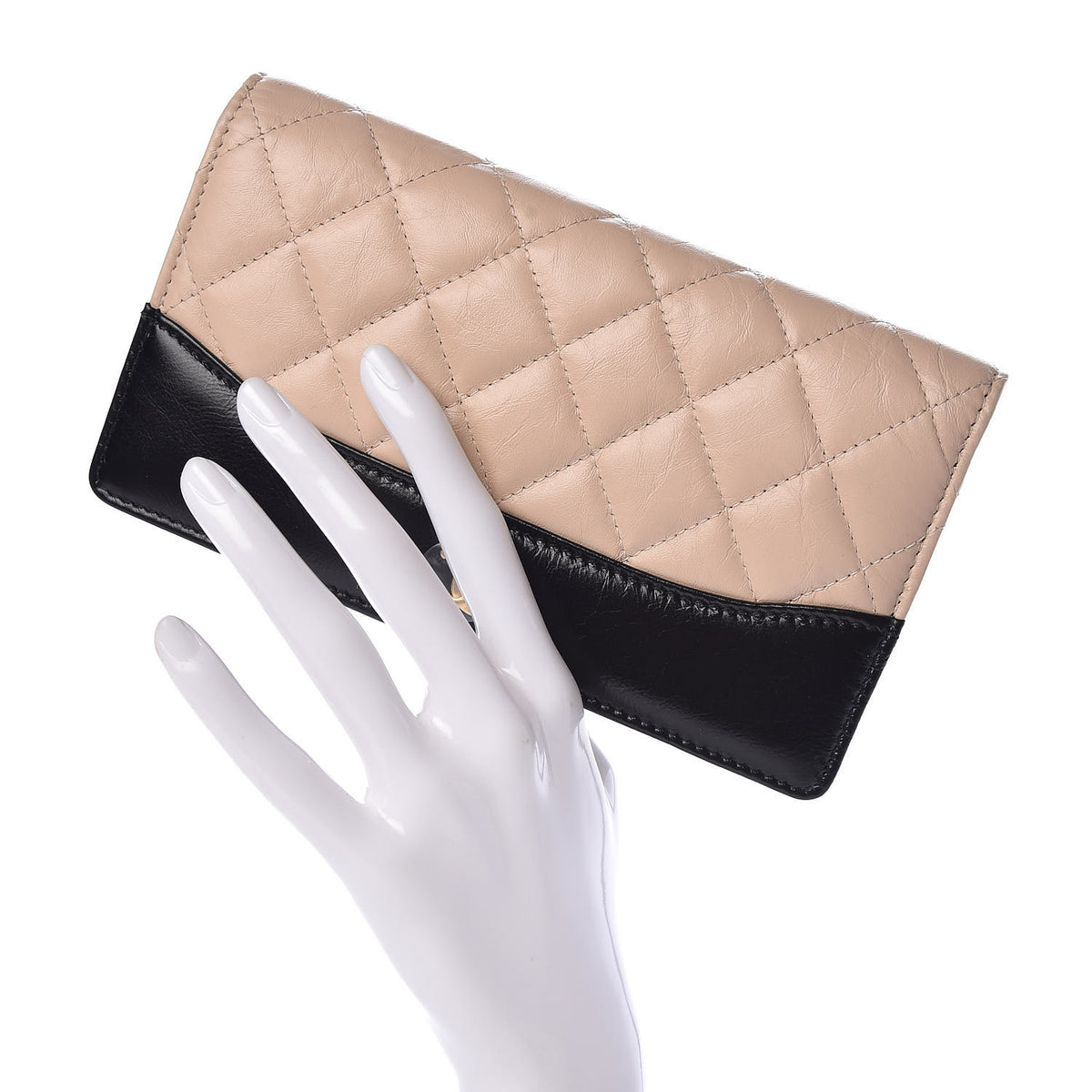 Aged Calfskin Quilted Gabrielle Yen Wallet Beige Black