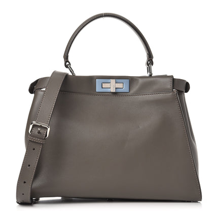 Fendi Vitello Seta Shiny Nappa Medium Peekaboo Iconic Satchel Carbone Grigio Polvere 1 of 12